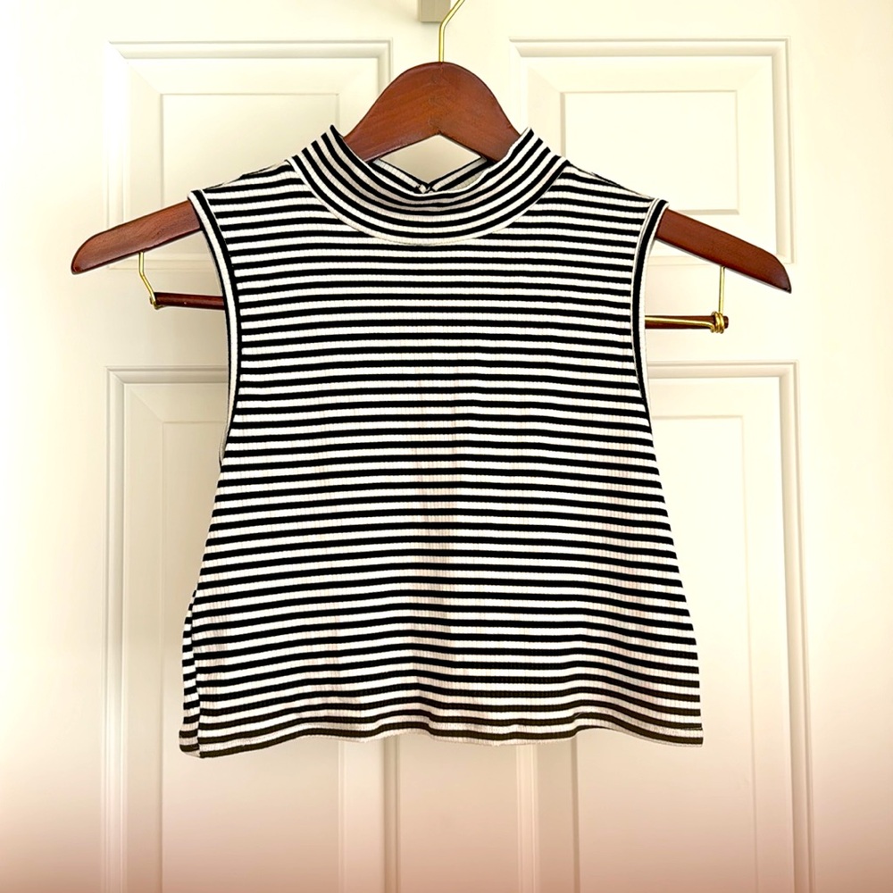 BCX Girls Top Size L Black White Stripes Turtle Neck 2 Buttons Sleeveless